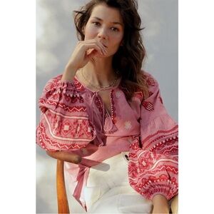 Anthropologie Pink Embroidered Peasant Blouse Top 8 Boho Cottagecore
